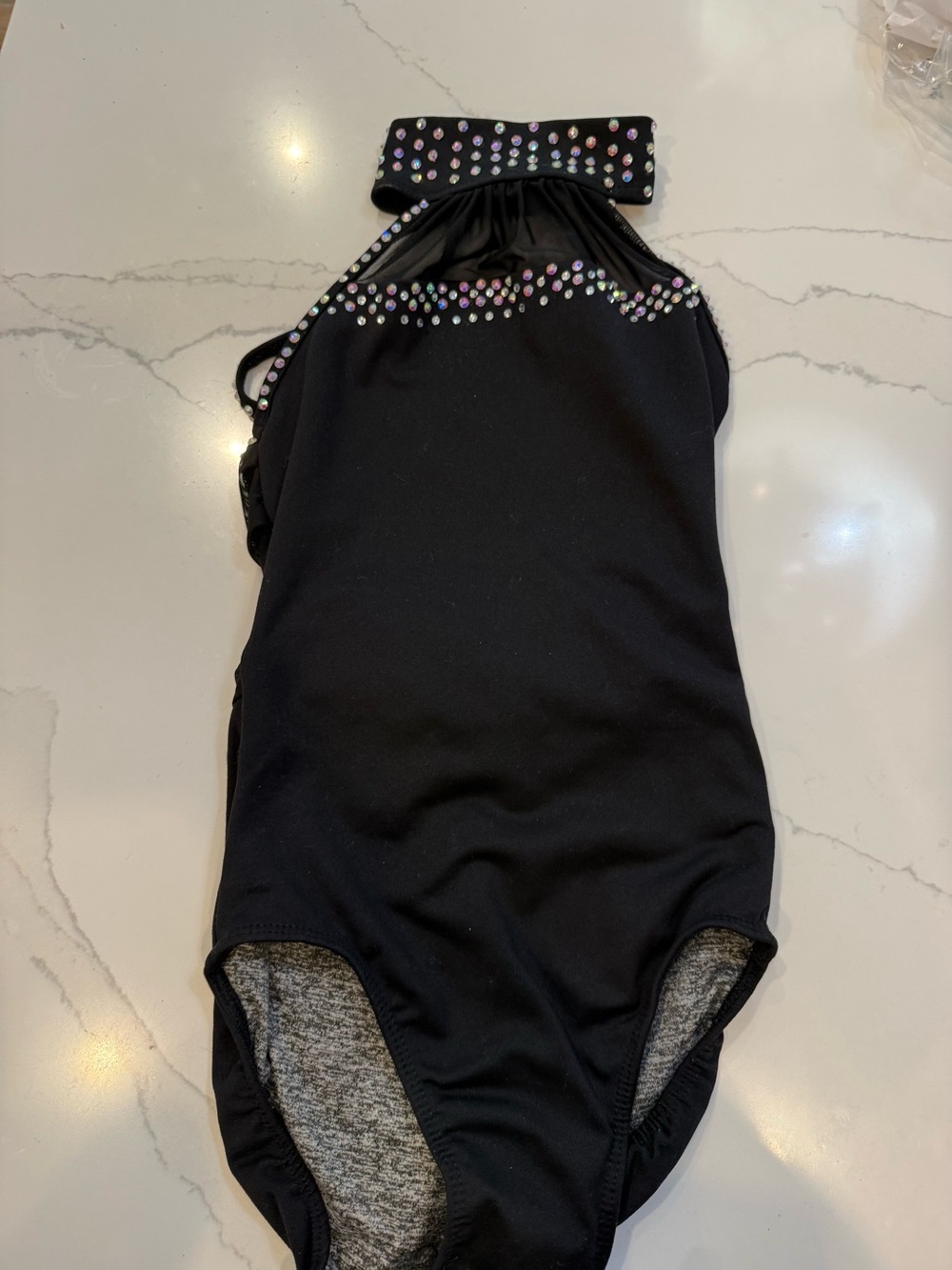 Kids Black Halter Dance Leotard with Iridescent Gem Trim